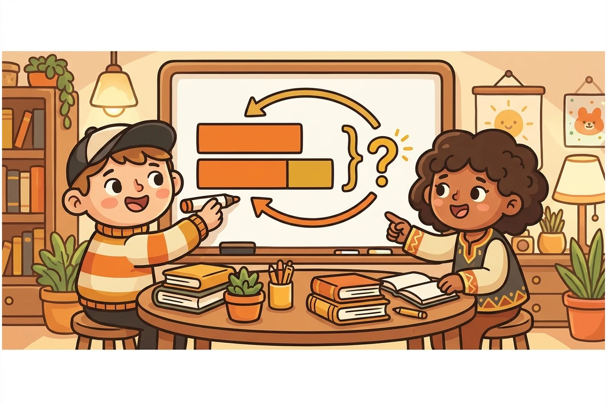 Two friendly cartoon kids solving a word problem at a study desk — a colored bar model with a question-mark unknown and a work-backwards arrow on the whiteboard