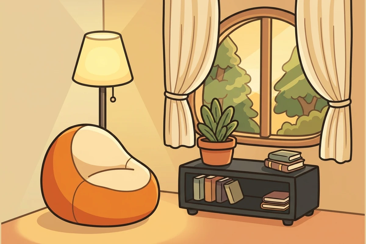 A calm quiet reading corner with a soft beanbag, a warm floor lamp, a low shelf with a potted plant and a window looking onto green trees