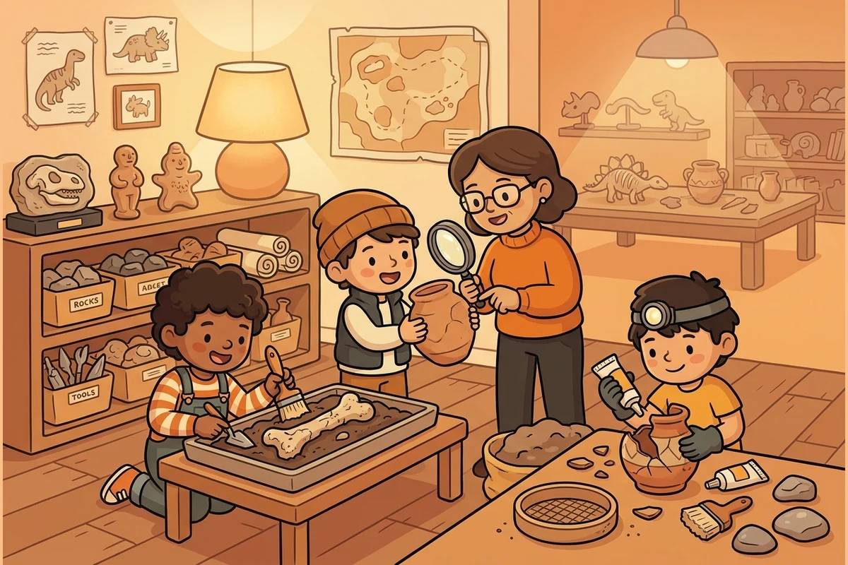 RelicForge junior-archaeology study world — young archaeologists excavating fossils and pottery at a warm dig table with artifact shelves and a distant map