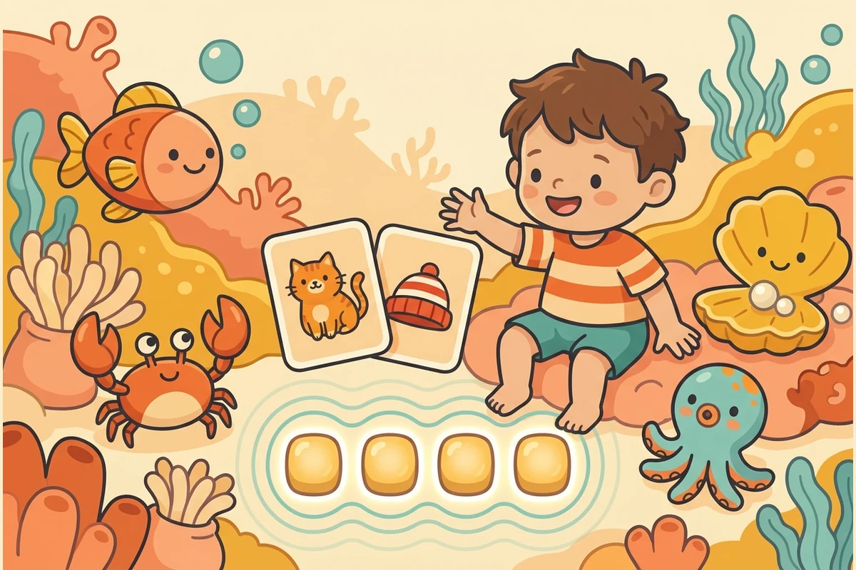 RhymeReef undersea listening-games world — a toddler and sea creatures with rhyming picture-cards, beat-dots and sound-waves