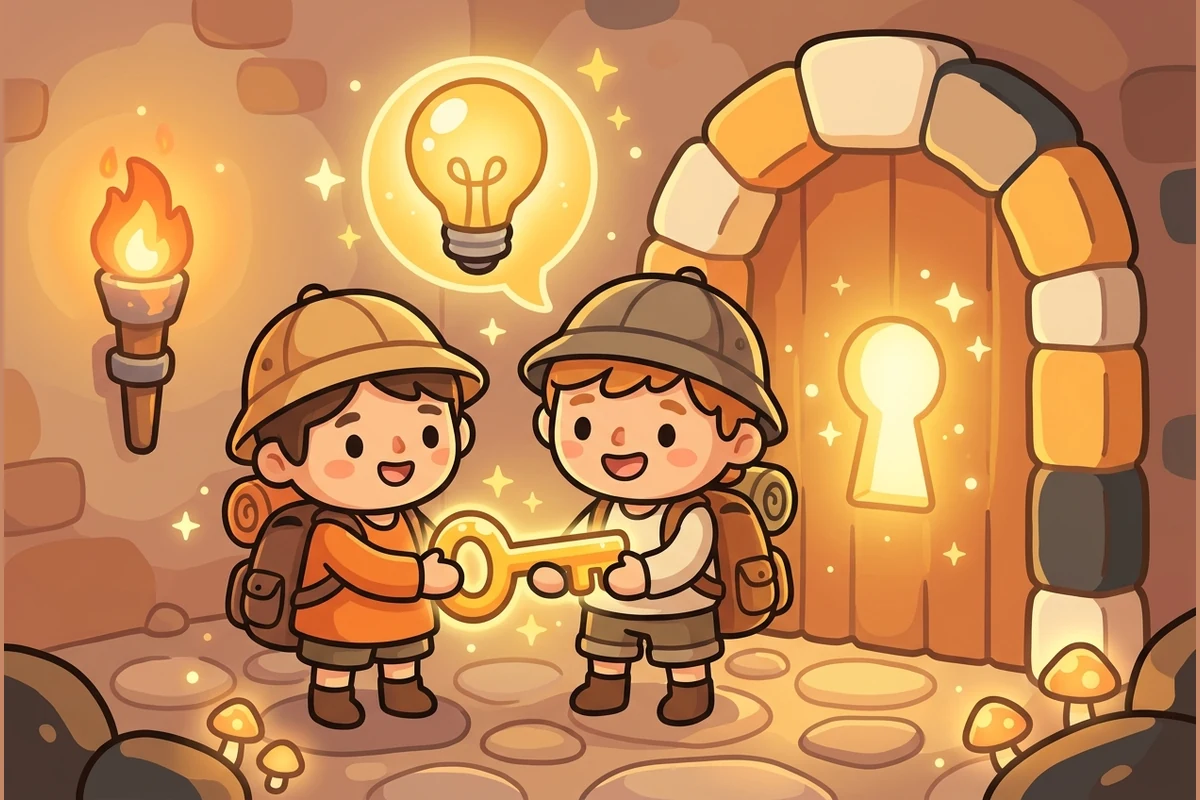 The RiddleRealm dungeon — friendly cartoon kid-adventurers holding a golden key up to a glowing riddle-chamber door by torchlight