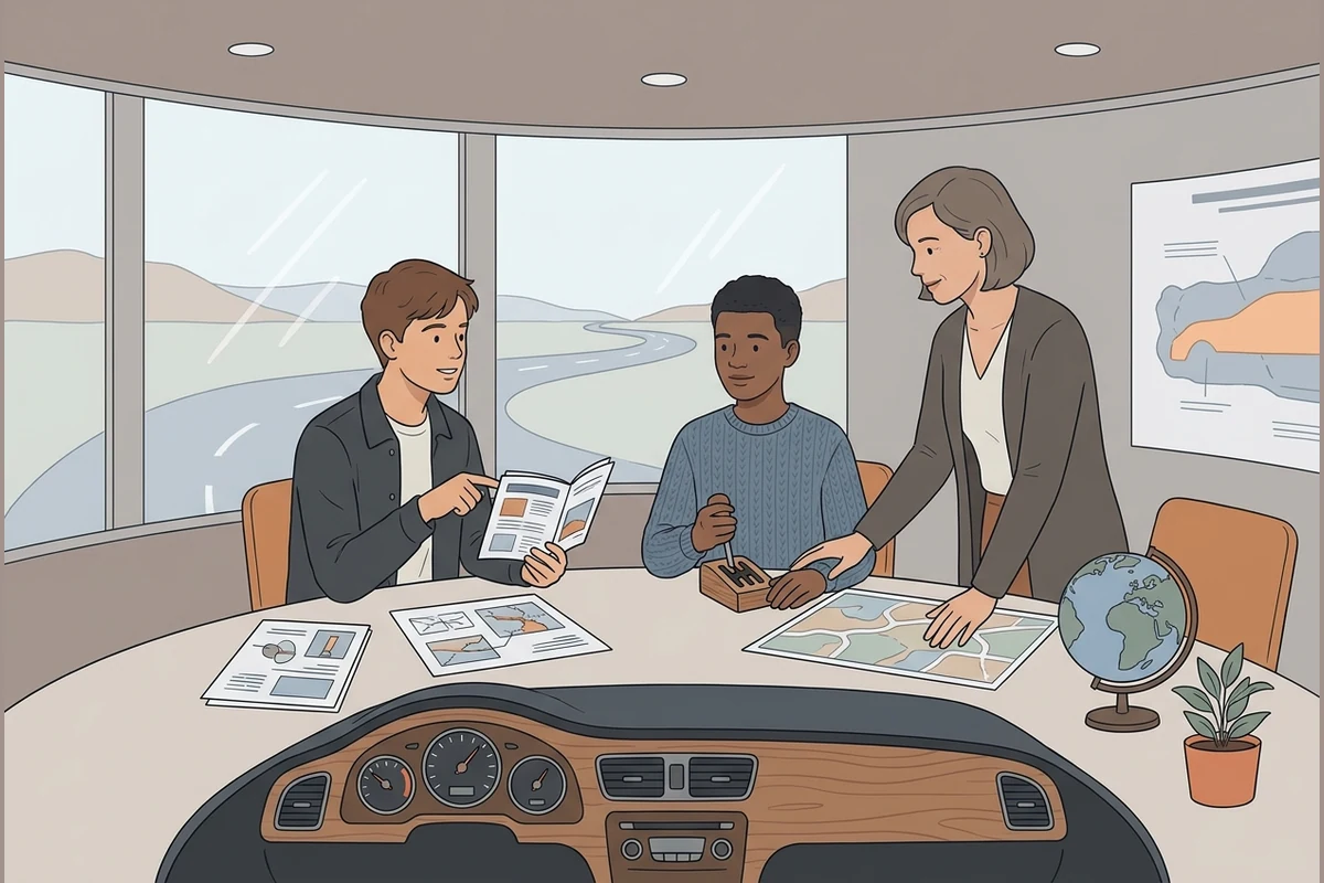 RoadForge driving-science study world — young adults and a mentor at a table with a car dashboard, road maps and stopping-distance charts, an open-road horizon beyond the windows