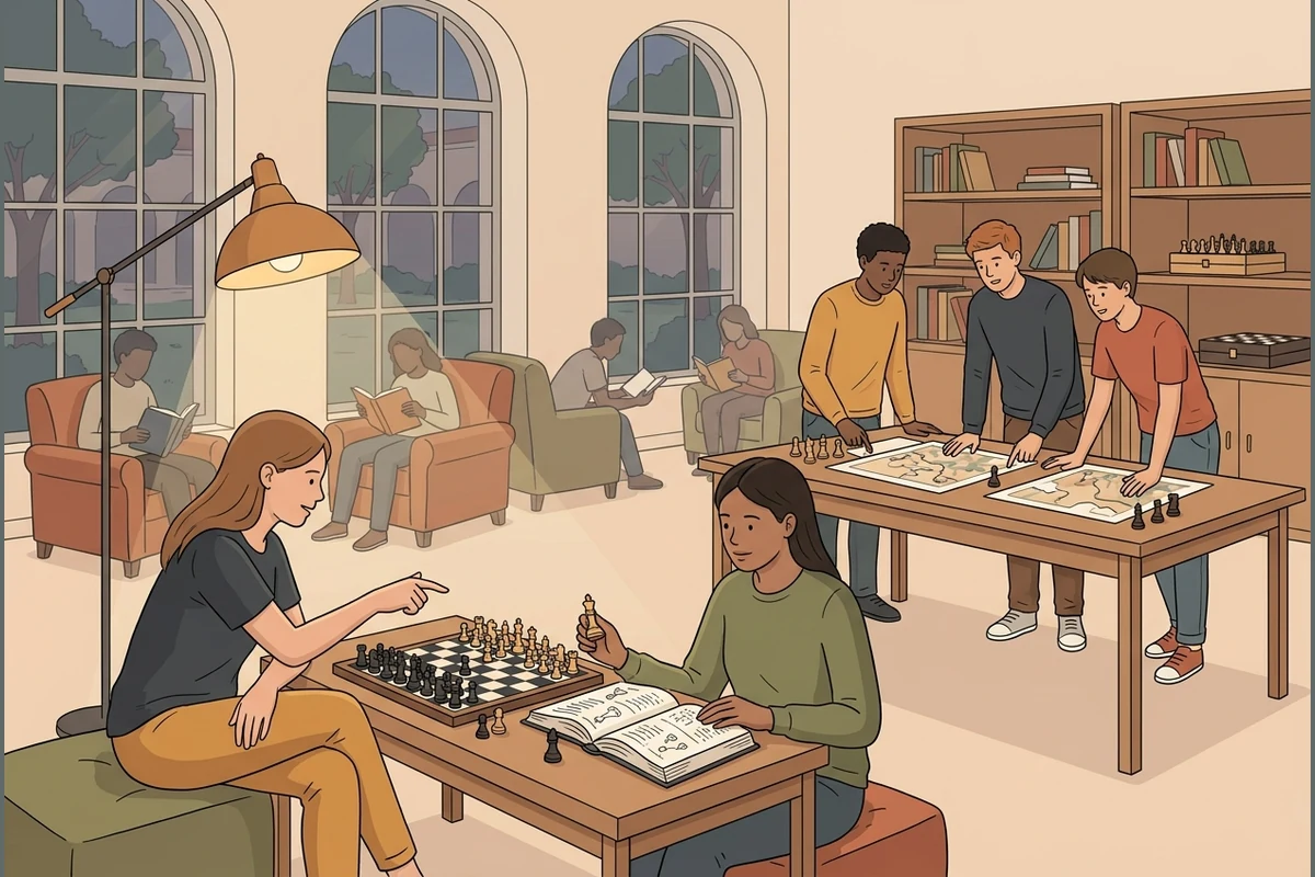 RookDojo chess study-hall world — young adults playing chess at a table with reading corners and bookshelves under warm arched-window light, sleek and mature