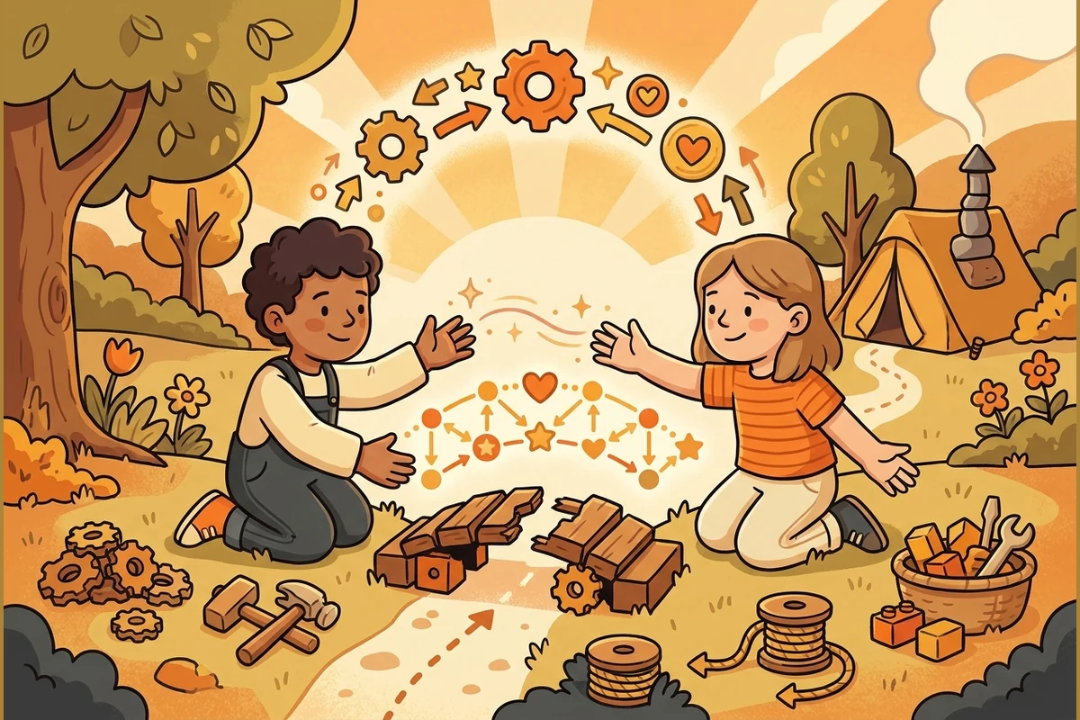 Friendship-repair world: two friends gently mending a bump