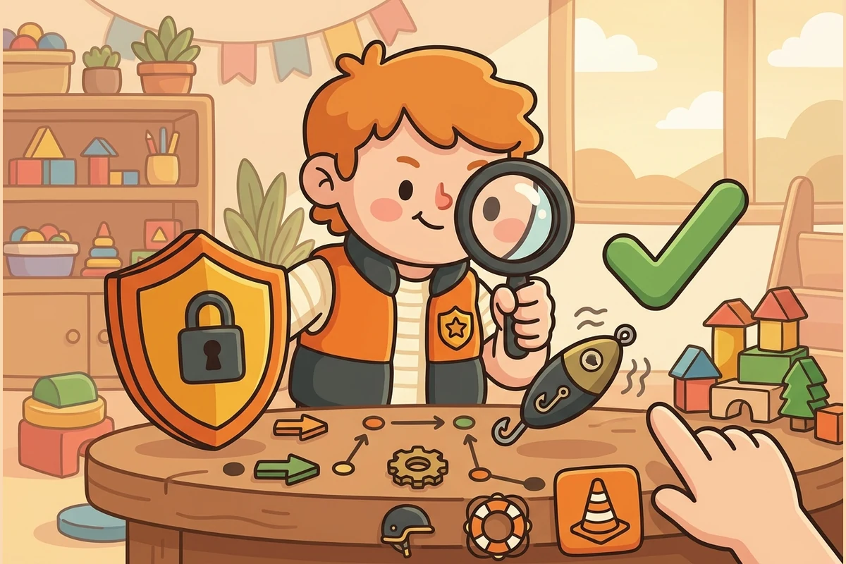 A kid safety-agent with a shield spotting a suspicious lure