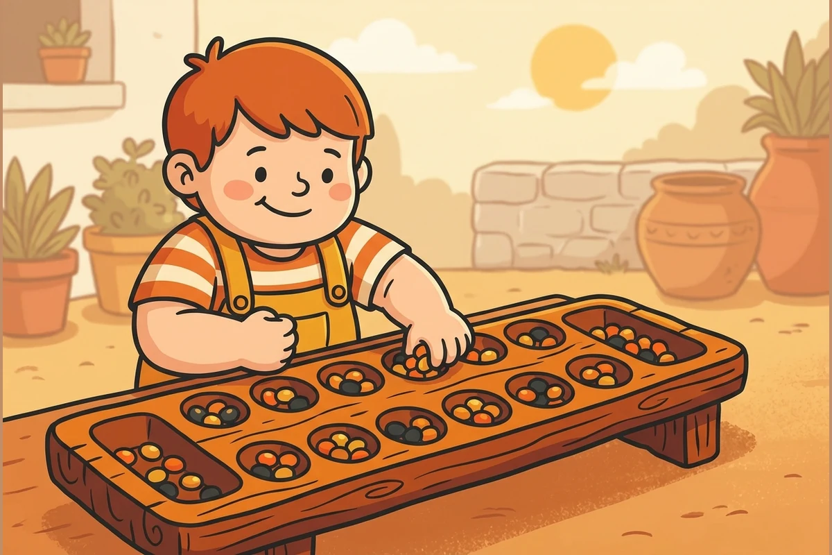 A happy cartoon child sowing colorful seeds around a carved wooden mancala board in a sunny courtyard