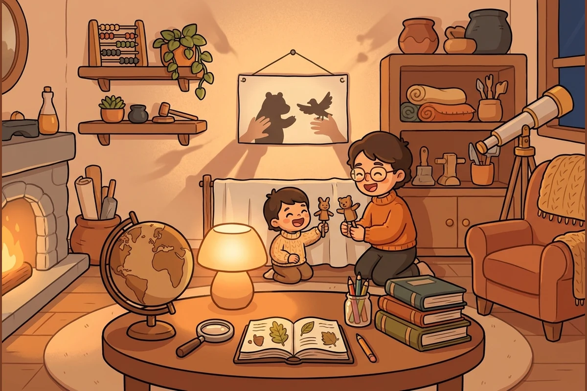 ShadowTots light-and-shadow world — a grown-up and child making hand-shadow puppets of a bear and a bird on a lamp-lit screen in a cozy warm room with a globe, a telescope and shelves