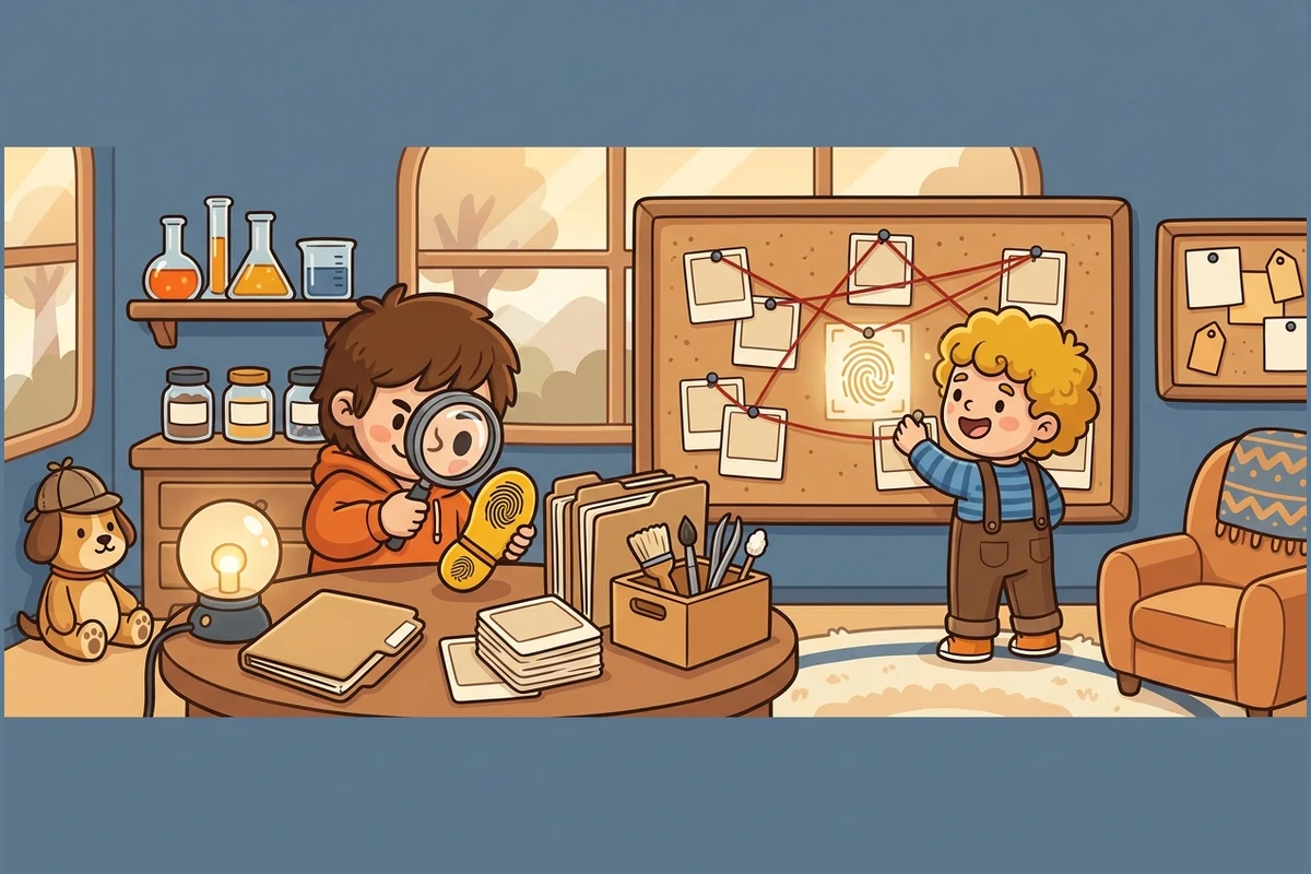 A friendly cartoon kid detective in a deerstalker cap examining clues with a magnifying glass in a cozy study, an evidence board and case files around them