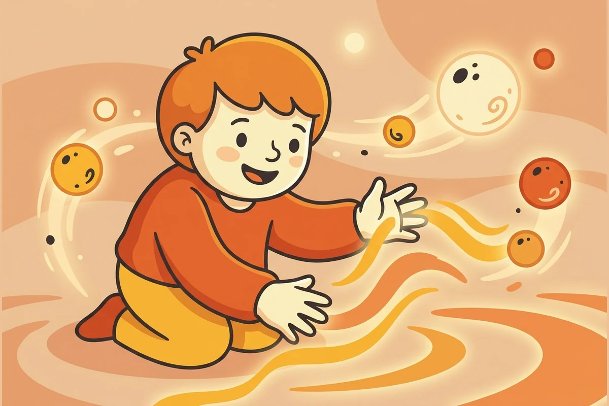 A kid shaping a soundscape from wave-ripples and tone-orbs