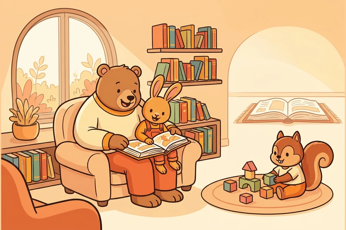 SoundTots warm reading-nook world — a bear reading a picture book to a young bunny while a squirrel plays with soft blocks, cozy shelves and a round window