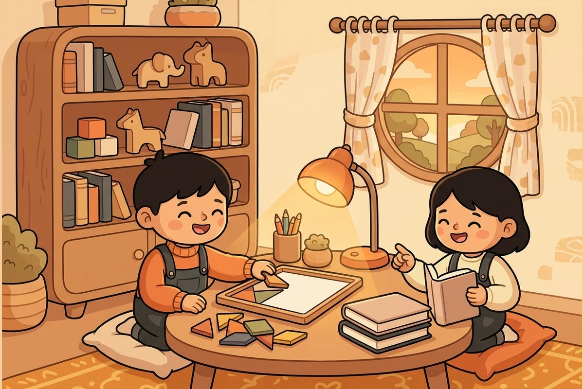 SpanForge tween word-and-shape study world — young learners at a warm table with a blank tangram tray, an open book and shelves of books and geometric shapes under soft lamplight