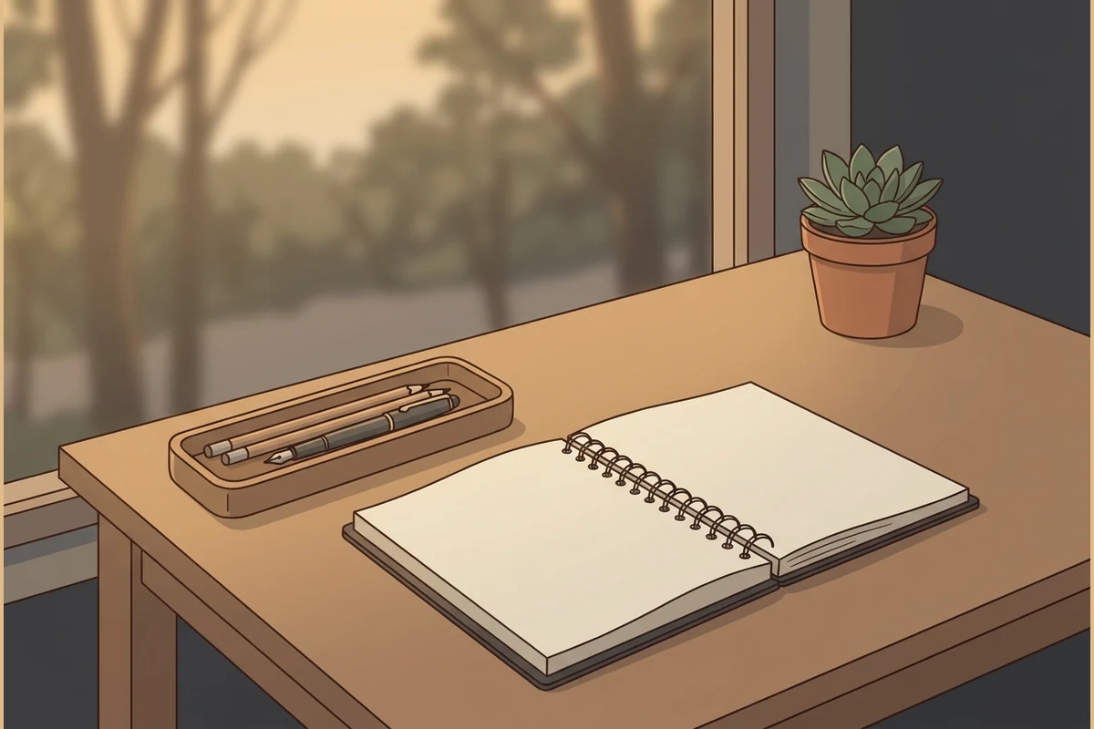 A calm mature writing desk by a window with a single open notebook of blank pages, a plain wooden pencil tray, a fountain pen and a small potted plant in soft evening light