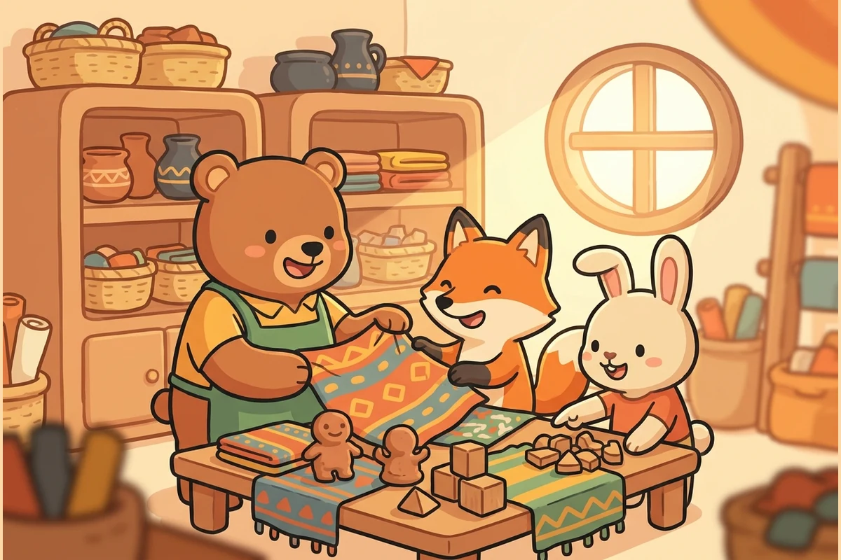 StandPals friendly little market-stall world — a bear, fox and rabbit at a market table with patterned market textiles, pottery and blocks in a warm shop