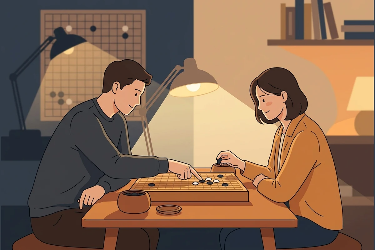 StoneDojo Go study-hall world — two young adults playing Go on a goban with stone bowls under warm lamplight beside a wall diagram, sleek and mature