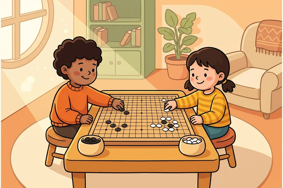 Friendly cartoon kids playing Go (weiqi) at a warm wooden board with black and white stones and bowls of stones in a cozy sunlit room