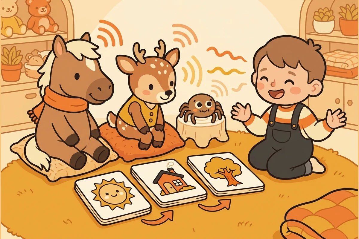 StoryPals story-detective world with Trot, Meadow and Webb — listen, order, find who and where, and retell with wordless picture-cards