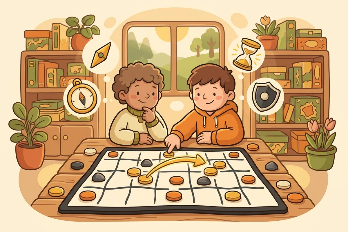 Two friendly cartoon kids reading an abstract strategy board of plain stones with a glowing move-arrow, surrounded by strategy-idea icons — compass, hourglass, shield