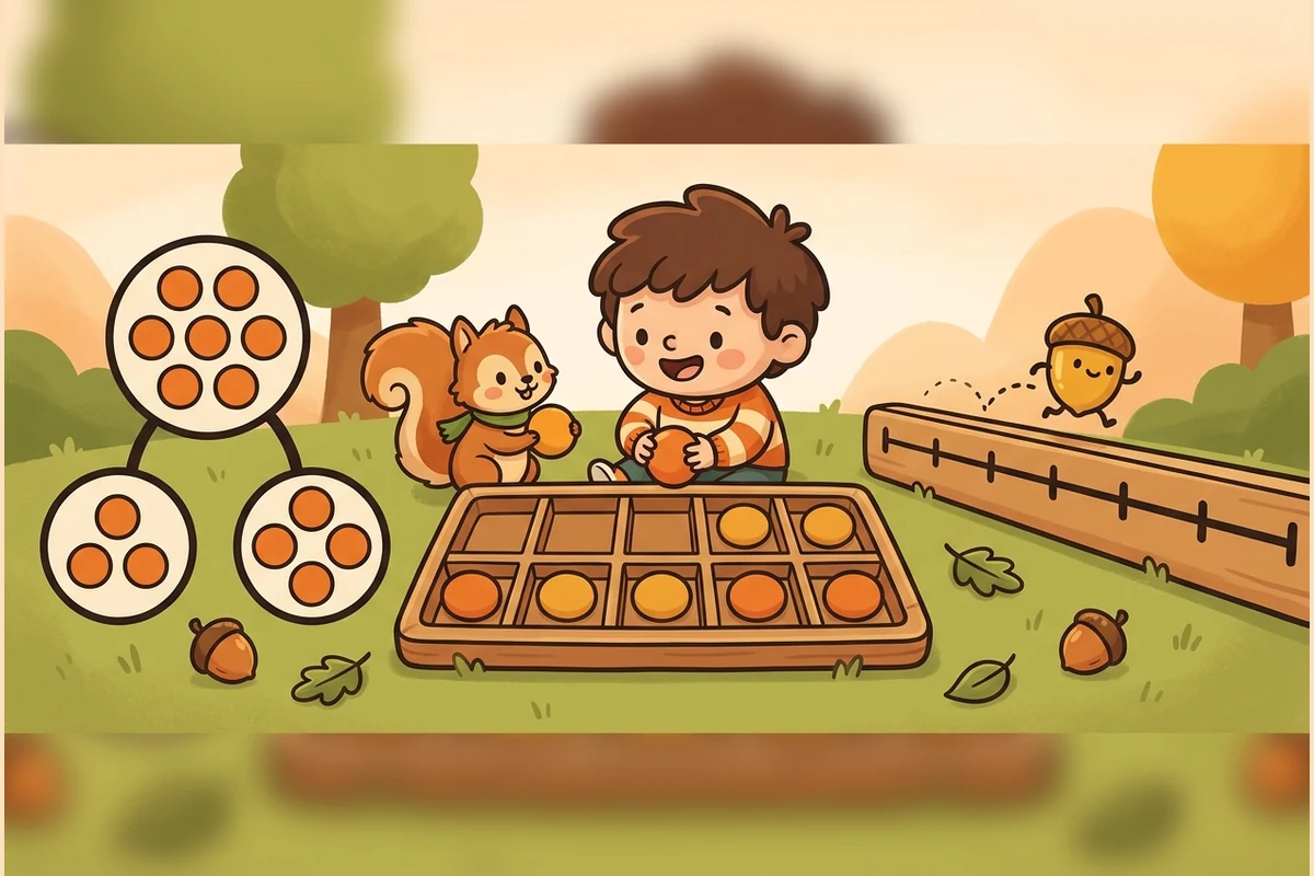 SumPals counting world — a young child filling a ten-frame with dots, a number bond of circles and a plain-tick number line with a hopping marker