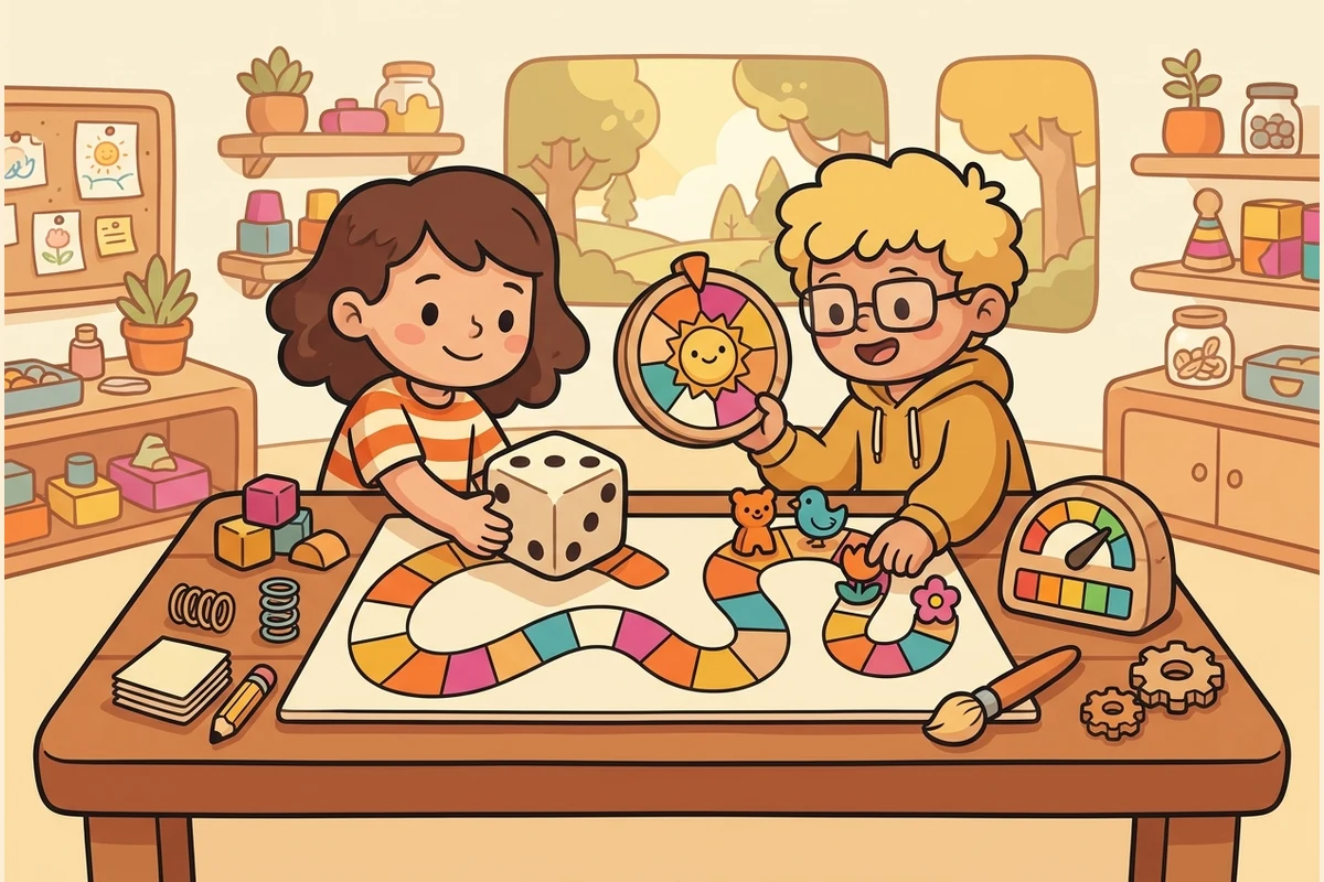 Two friendly cartoon kids at a workshop table designing a race board game — a winding colored path, a dot-pip die, a colored spinner, and a fairness meter