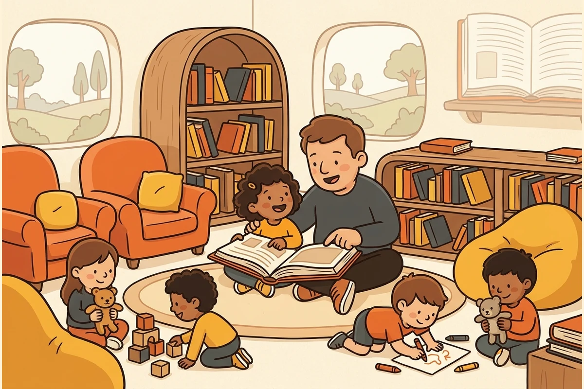 TableTots cozy reading-nook world — a grown-up reading an open picture book to a small group of young children on a round rug with soft blocks and warm shelves