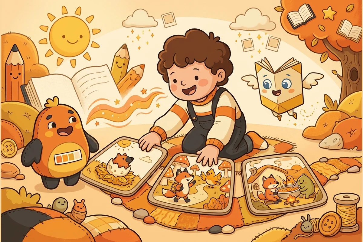 TaleTrail picture-book world — a child arranging wordless story-picture cards with Page the folded-paper guide, building a story character, a book of wavy lines