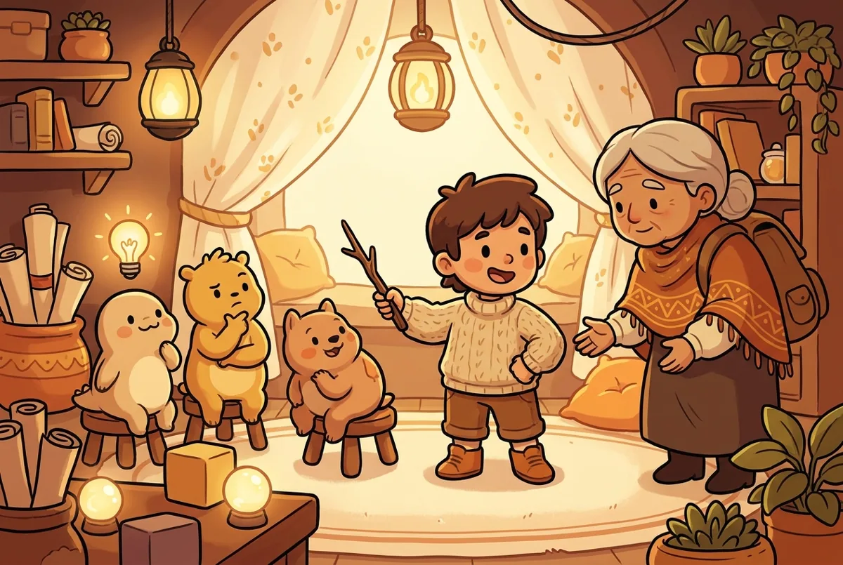 A child happily teaching a small group of curious cartoon student-characters — one having a lightbulb moment — while a warm mentor stands alongside with an encouraging, open-handed gesture.