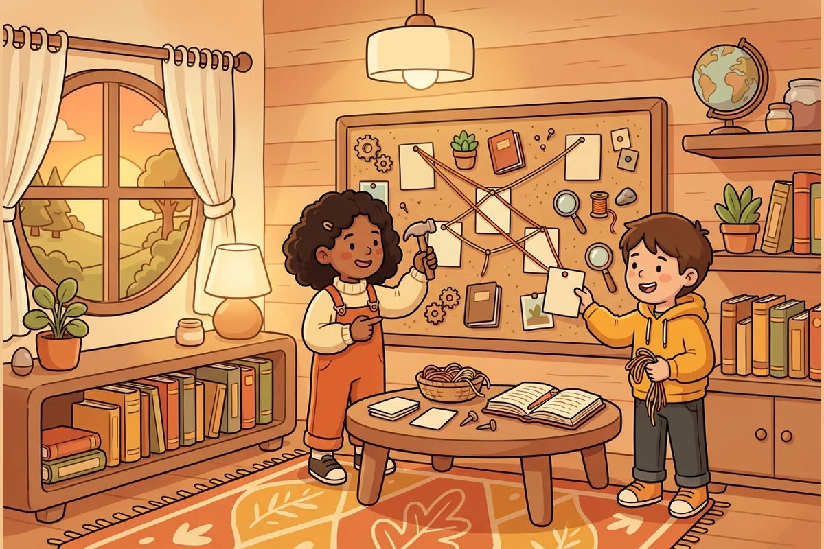 A warm study room where two tweens of different skin tones pin colored strings between plain blank cards and small objects on a big corkboard to trace many causes