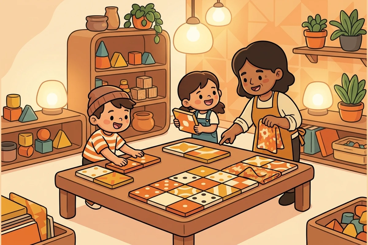 A warm tiling and pattern studio — children and a mentor laying big friendly domino and tessellation tiles on a low table, shelves of geometric shapes, soft lamplight