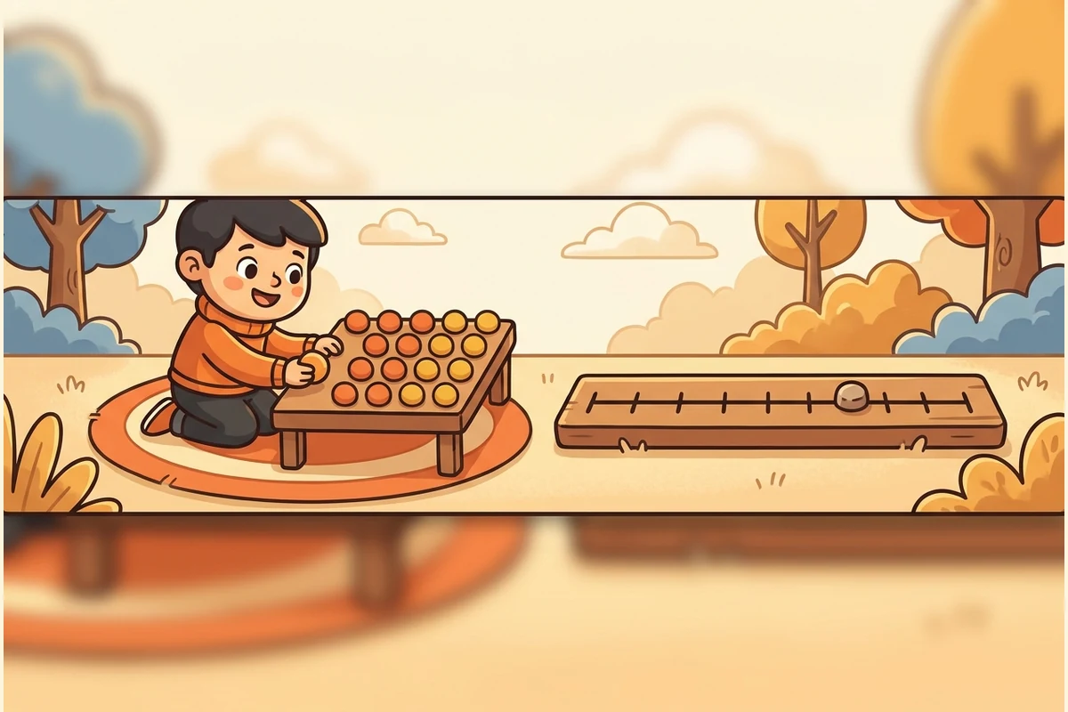 TimesQuest multiplication world — a young child building a rectangular dot-array in equal rows and columns beside a plain-tick number line