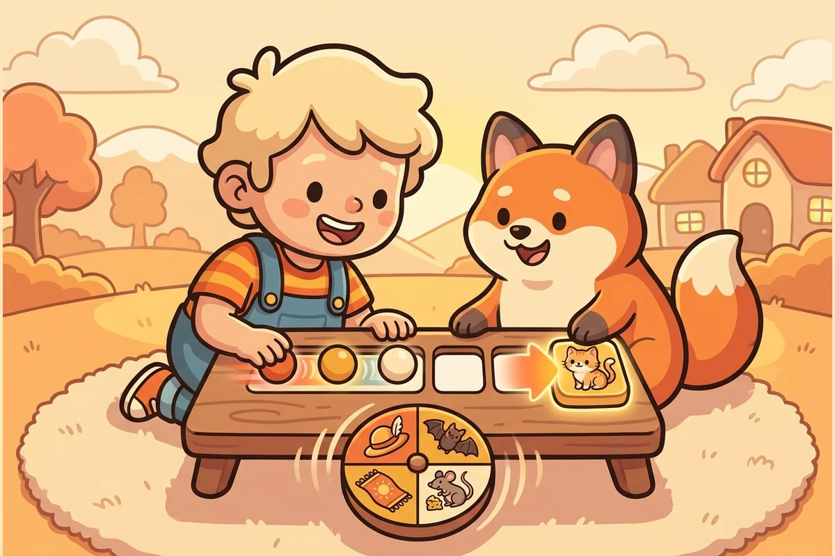 TinyLetters first-reading world — a child and a fox pal blending sound-dots into blank boxes toward a picture, a picture word-family wheel
