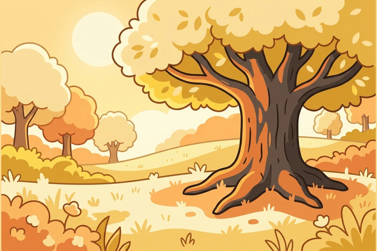 TreeForge's calm forest world — one big friendly tree with spreading roots, a sturdy trunk and a leafy canopy of branches in a warm meadow: a picture of how you learn, grown from roots to branches