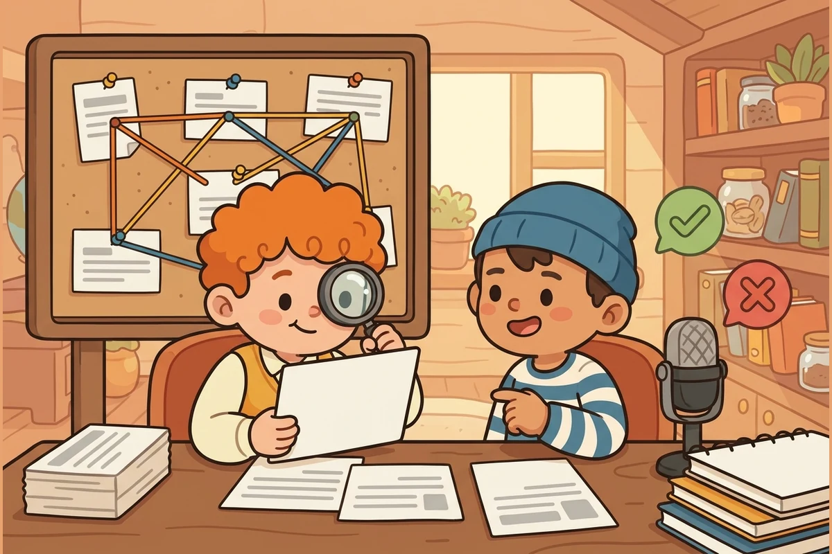 Two friendly cartoon kid journalists at an investigation desk — a corkboard of blank pinned cards joined by yarn, a magnifier over a blank claim card, and green-check and red-cross badges