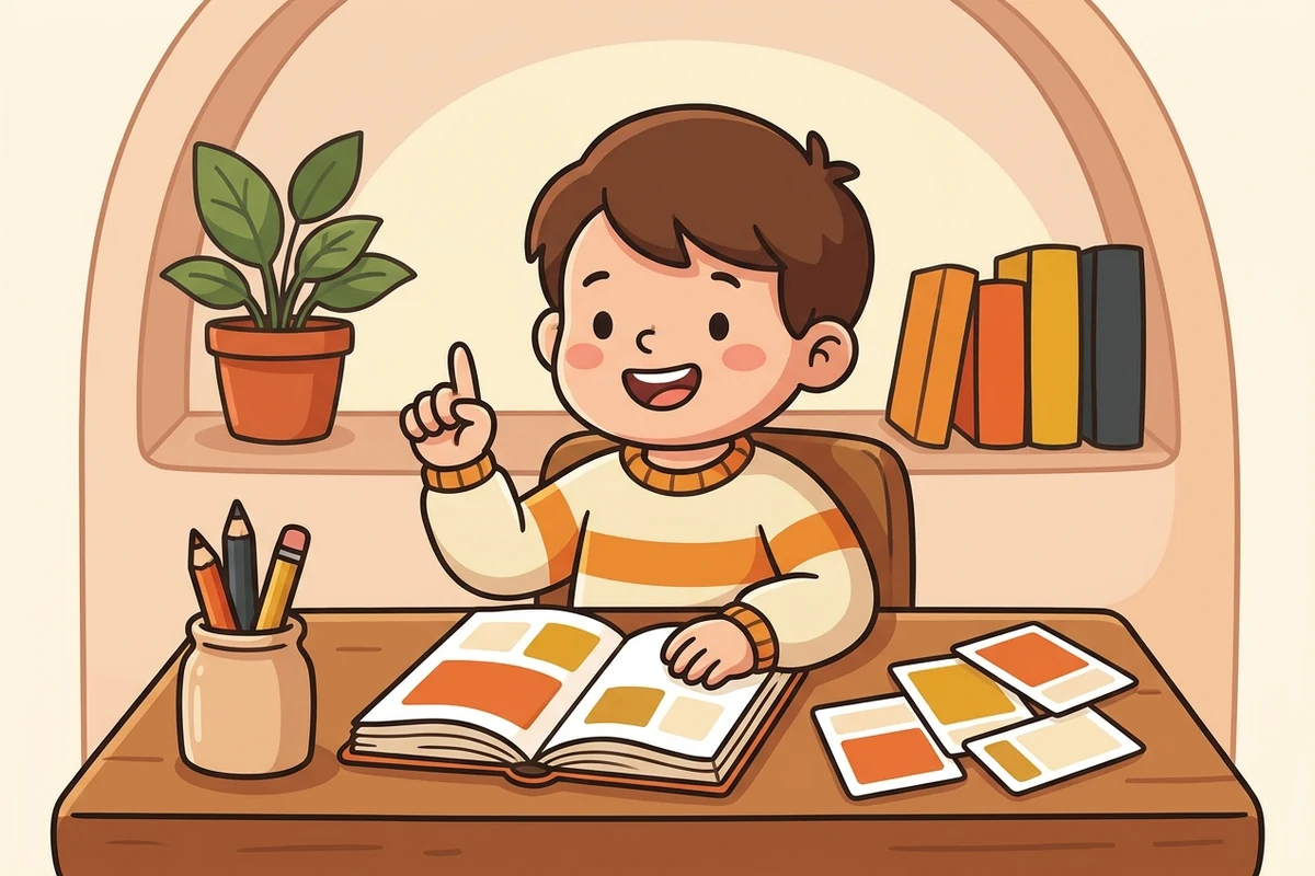 A happy cartoon child studying at a cozy desk with an open notebook and study cards, an idea clicking
