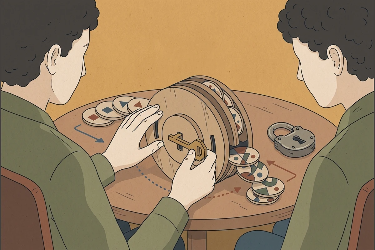 An older teen at a cipher wheel turning tokens into scrambled ones