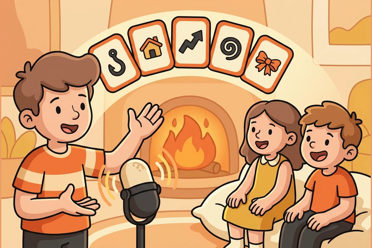 A young storyteller narrating with a rising arc of story-beat cards and a microphone by a warm fire