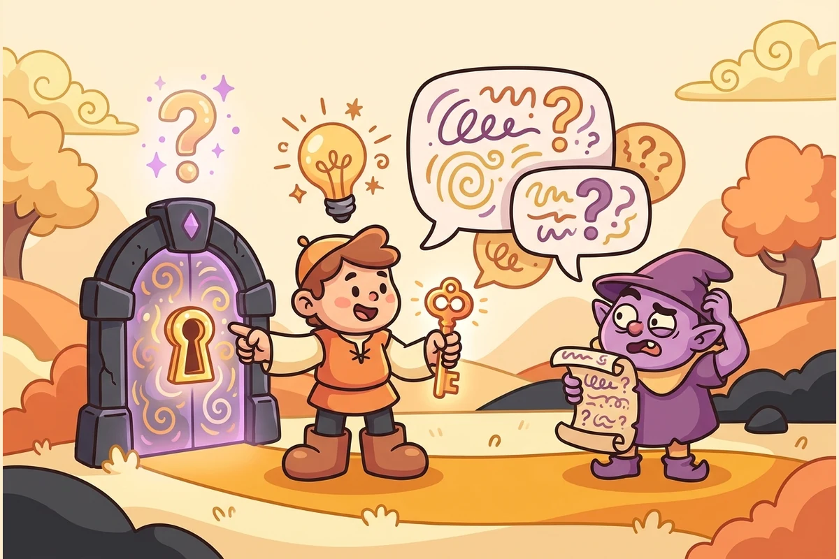 A friendly cartoon kid hero out-thinking a goofy comic villain in a whimsical wit-quest hall, a bright lightbulb aha over the hero and an ornate glowing riddle gate nearby